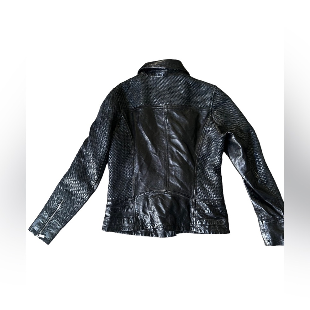 D73 Black Leather Biker Jacket Woven Leather Women’s Size M - Picture 3 of 15